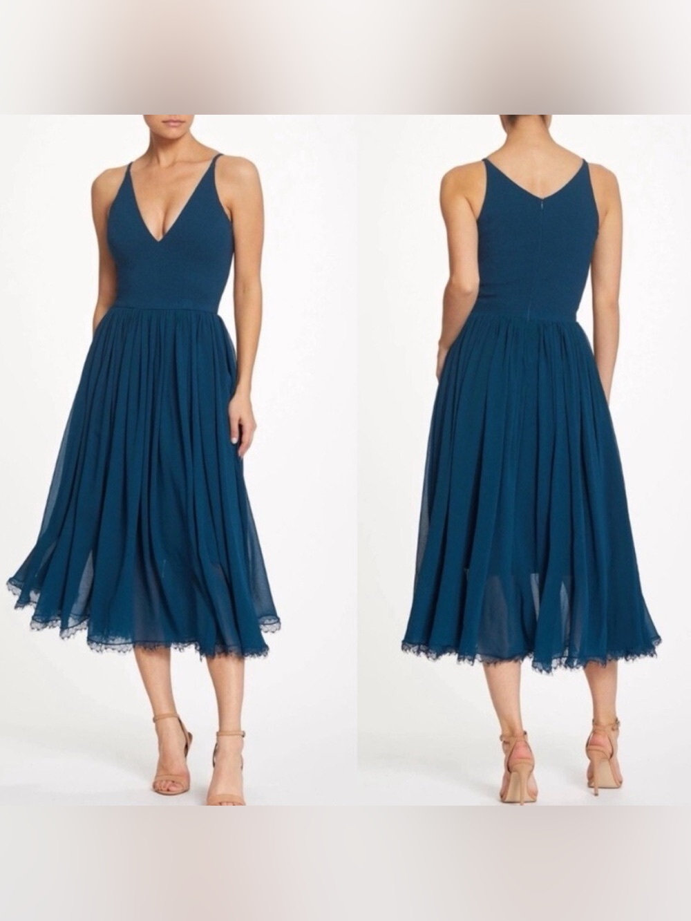 Dress the Population - Peacock Blue Alicia Dress - V-Neck Lace-Hem Midi Dress